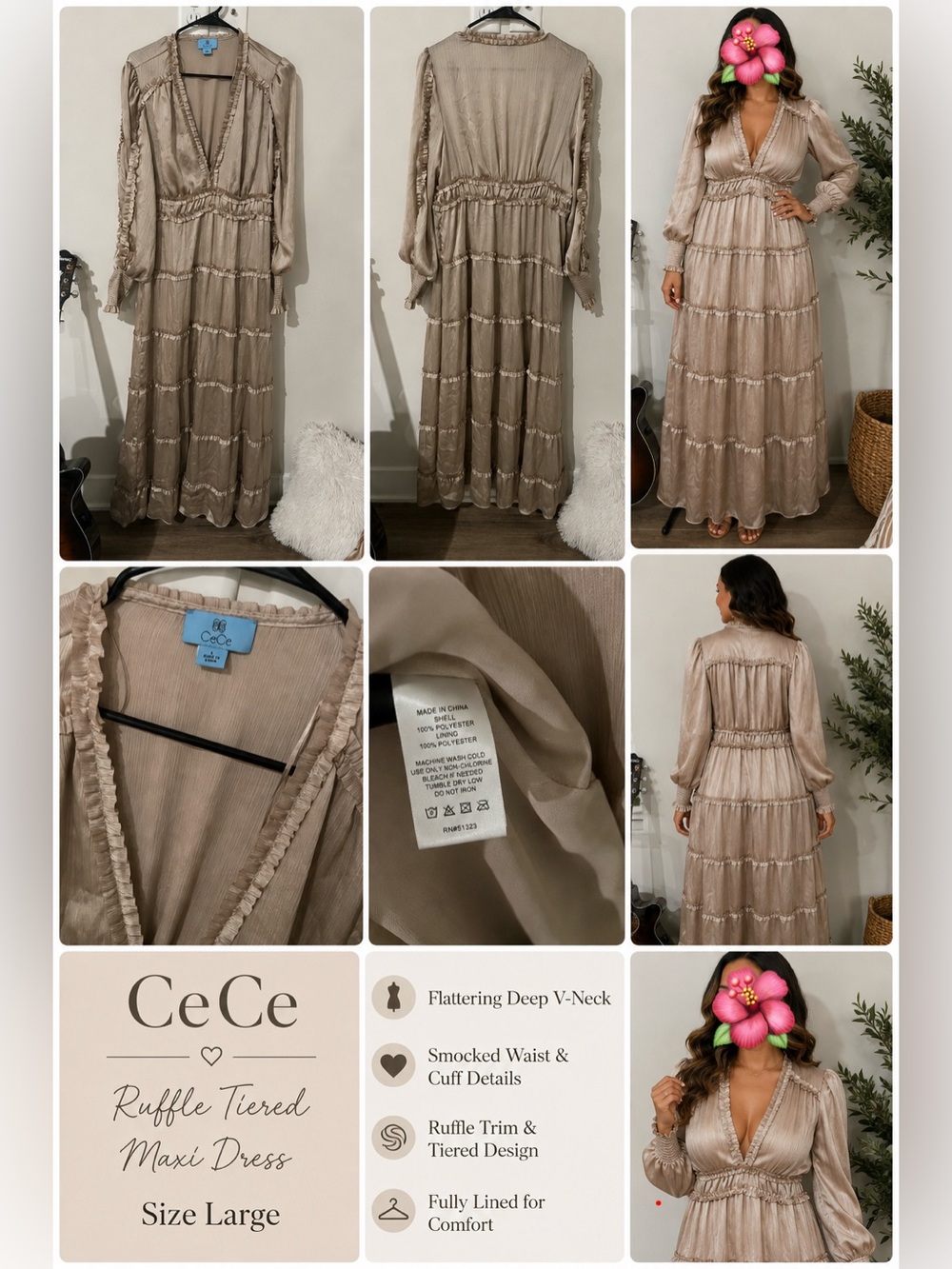 CeCe Ruffle Long Sleeve Satin Maxi Dress, Champagne, V-neck, stiered ruffles. L.